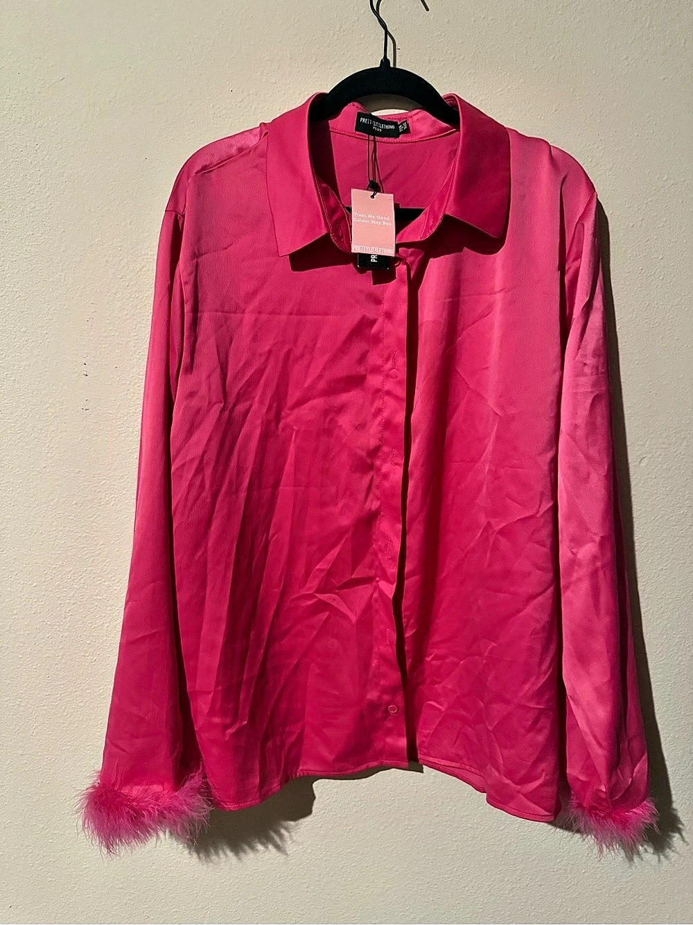 PrettyLittleThing Plus Fuchsia Satin Faux Feather Detail Shirt Pink Feather Cuff